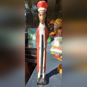 African Man Handmade Statue Dressed in Red & White Atire w/Hat AFRICA CULTURE❤️